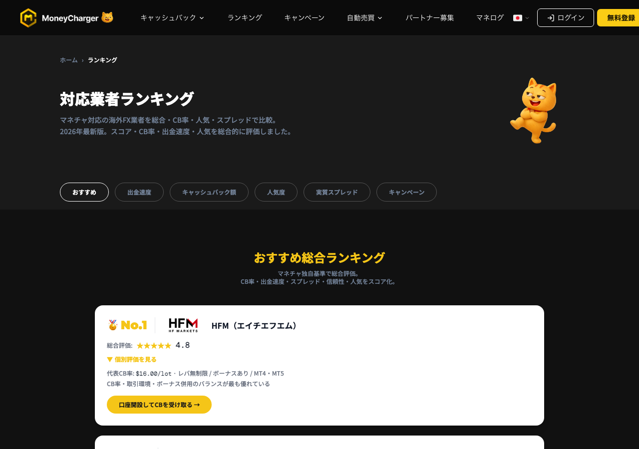 マネーチャージャーの対応業者ランキング｜CB率・出金速度・スプレッドで比較できる