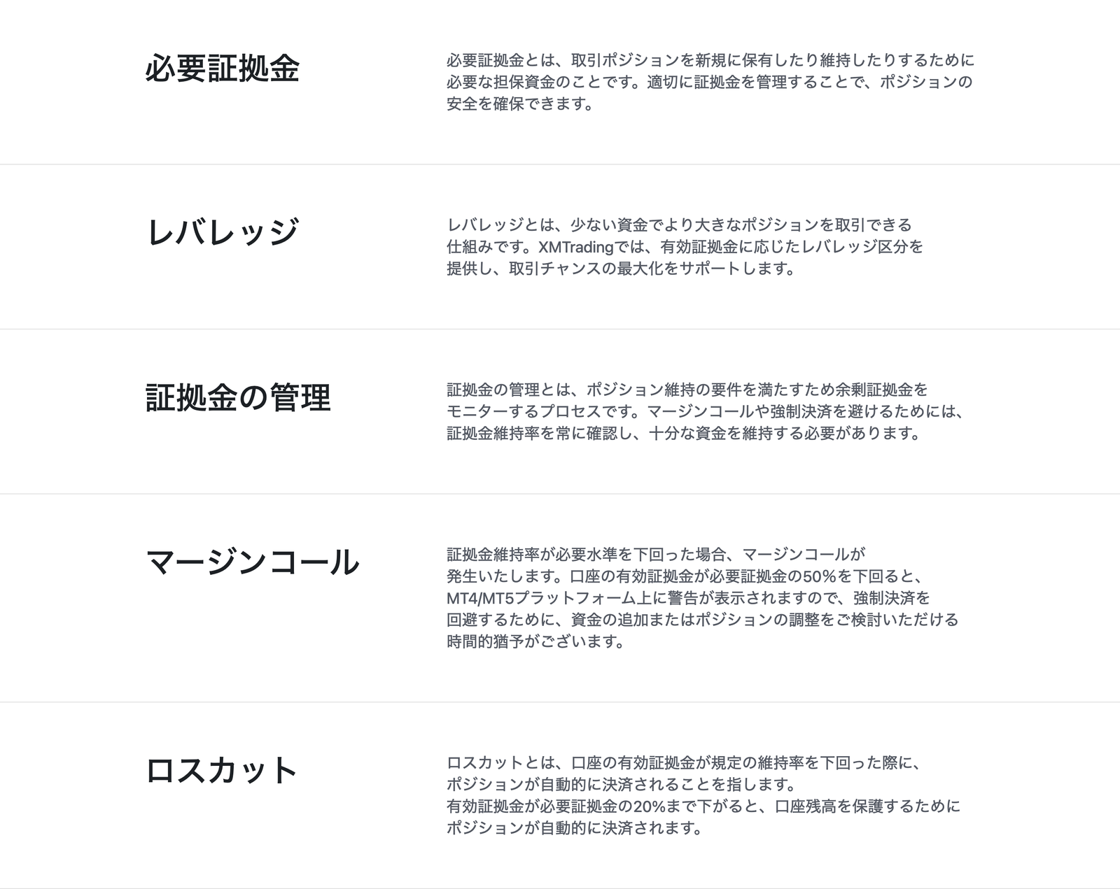 XMTrading公式サイトのマージンコール・ロスカット水準の説明