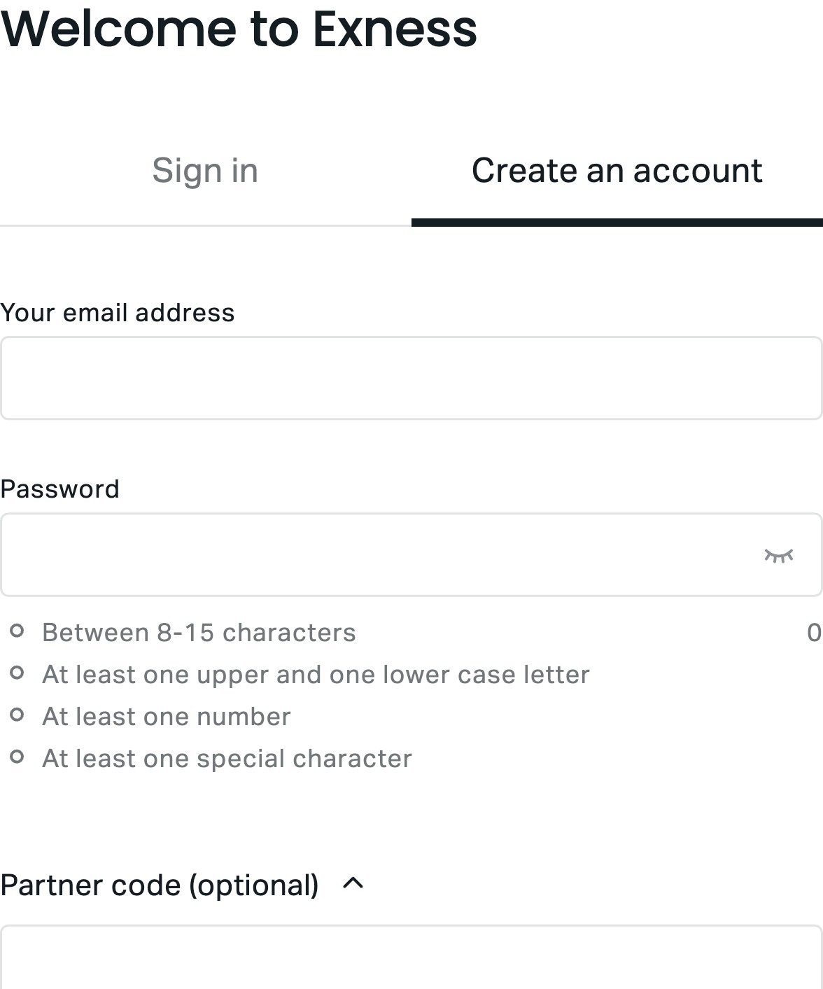 Exnessの新規登録フォームにあるPartner code欄。画面は英語のみ