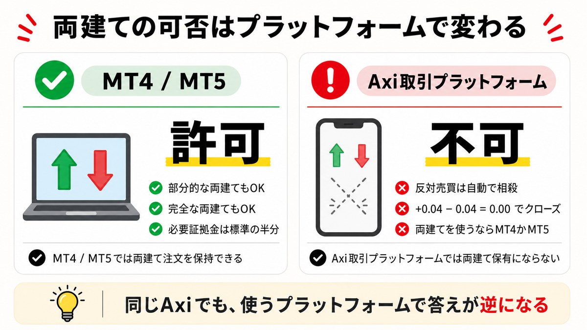 Axiの両建ての可否はプラットフォームで変わる｜MT4/MT5は許可・Axi取引プラットフォームは不可