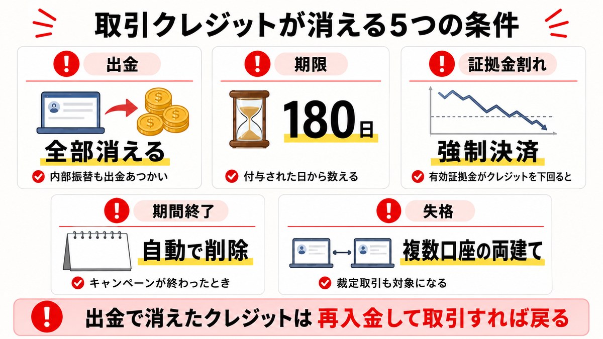 Axiの取引クレジットが消える5つの条件を並べた図解