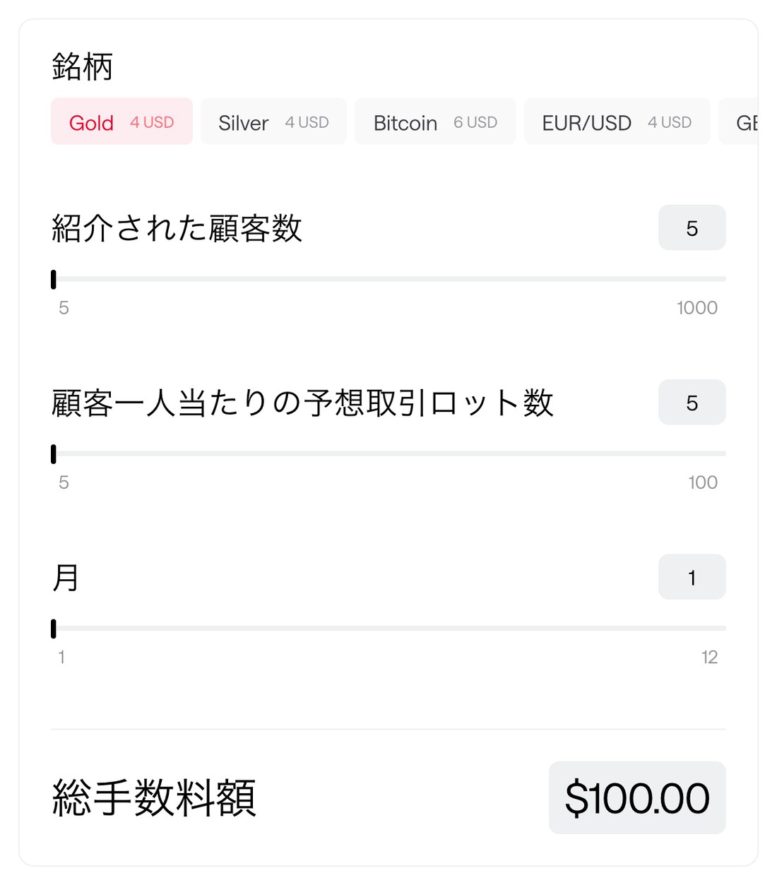 Axi公式IBプログラムの収益シミュレーターに表示された銘柄別リベート単価
