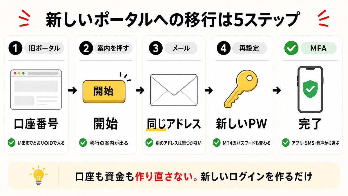 Axiの新クライアントポータルへ移行する5ステップを示した図解