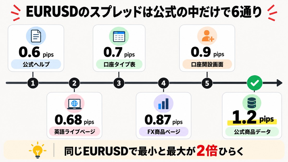 AxiのEURUSDスプレッドの公式表記6通りを並べた図解