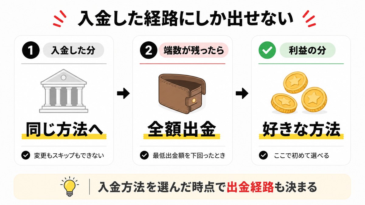 Axiの出金がRTSによって入金方法に固定される仕組みを示した図解