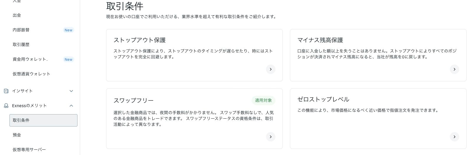 Exness会員ページの取引条件でスワップフリー適用対象を確認する画面
