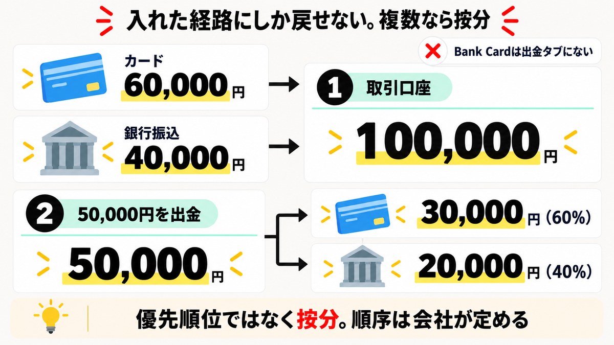 Exnessの入金と出金の按分の図解。カード6万円と銀行振込4万円で入金した口座から5万円を出金すると、カードへ3万円・銀行へ2万円に分かれる