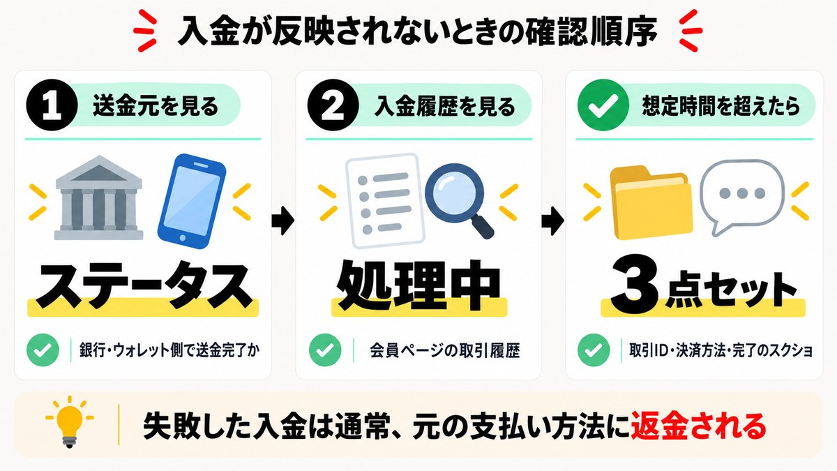 Exnessの入金が反映されないときの確認順序の図解。送金元のステータス、会員ページの入金履歴、想定処理時間の3ステップ