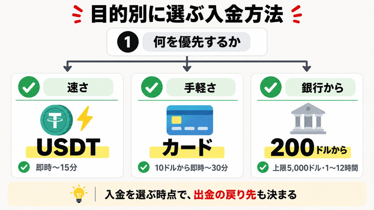 Exnessの入金方法を目的別に選ぶ図解。速さならUSDT、手軽さならカード、銀行からなら200ドルからの銀行振込