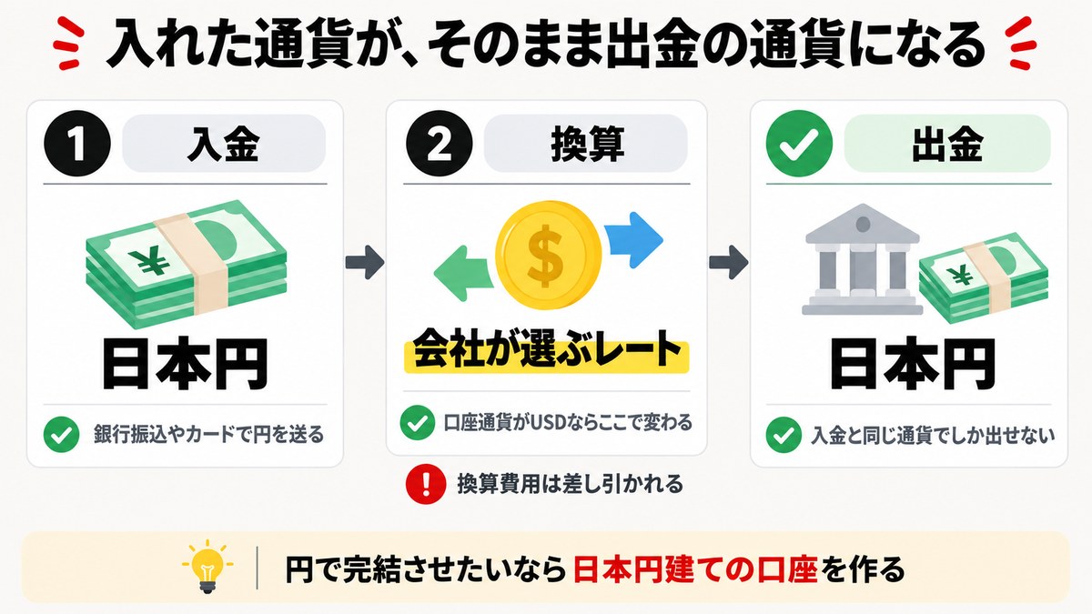Exnessの入金通貨と出金通貨の図解。入れた通貨でしか出金できず、口座通貨が違えば会社が選ぶレートで換算される
