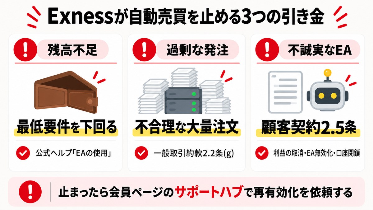 Exnessが自動売買を止める3つの引き金の図解