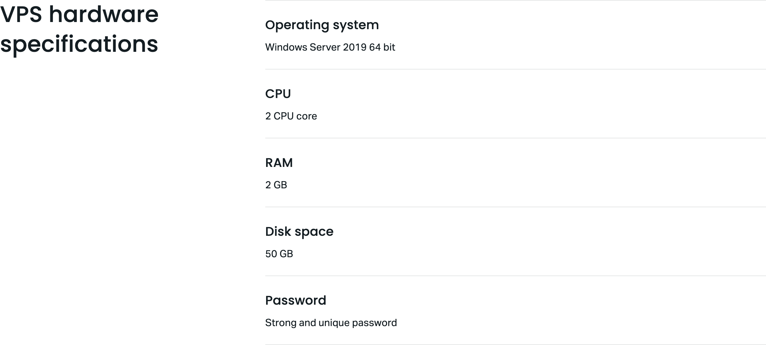 Exness公式サイトのVPSページに載っているハードウェアスペック。Windows Server 2019・2コア・2GB・50GB