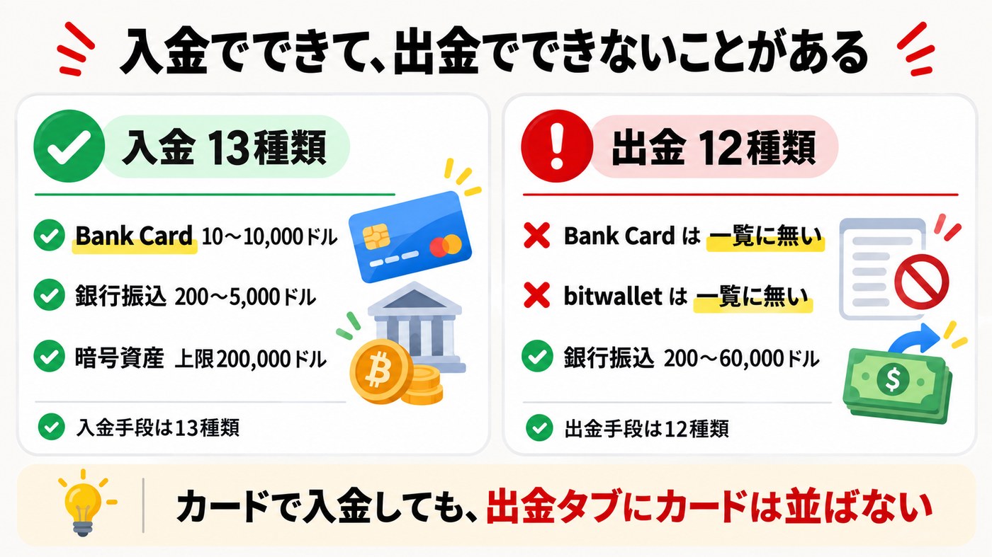 Exnessの入金13種類と出金12種類の対応図。カードは入金だけで出金には無く、bitwalletは両方に無い