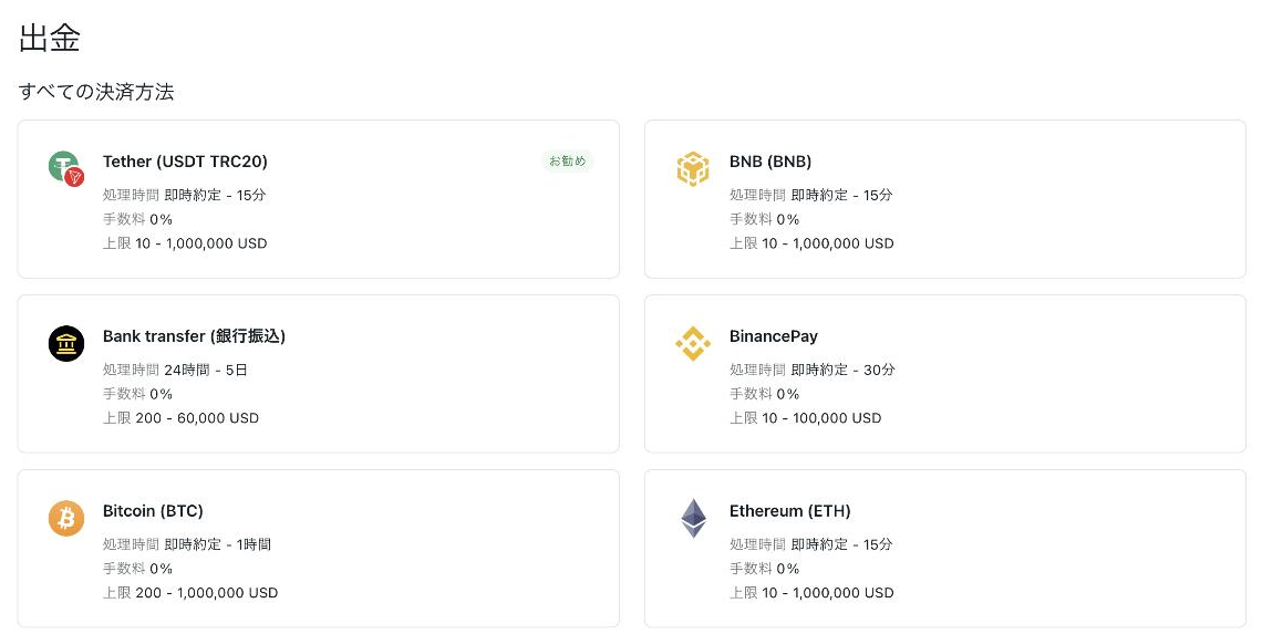 Exness会員ページの出金タブ。Tether USDT TRC20、BNB、Bank transfer 銀行振込、BinancePay、Bitcoin、Ethereumの6つが並ぶ