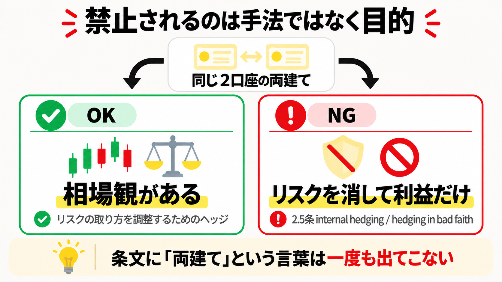 Exnessの両建ては手法ではなく目的で禁止の線が引かれていることを示した図解