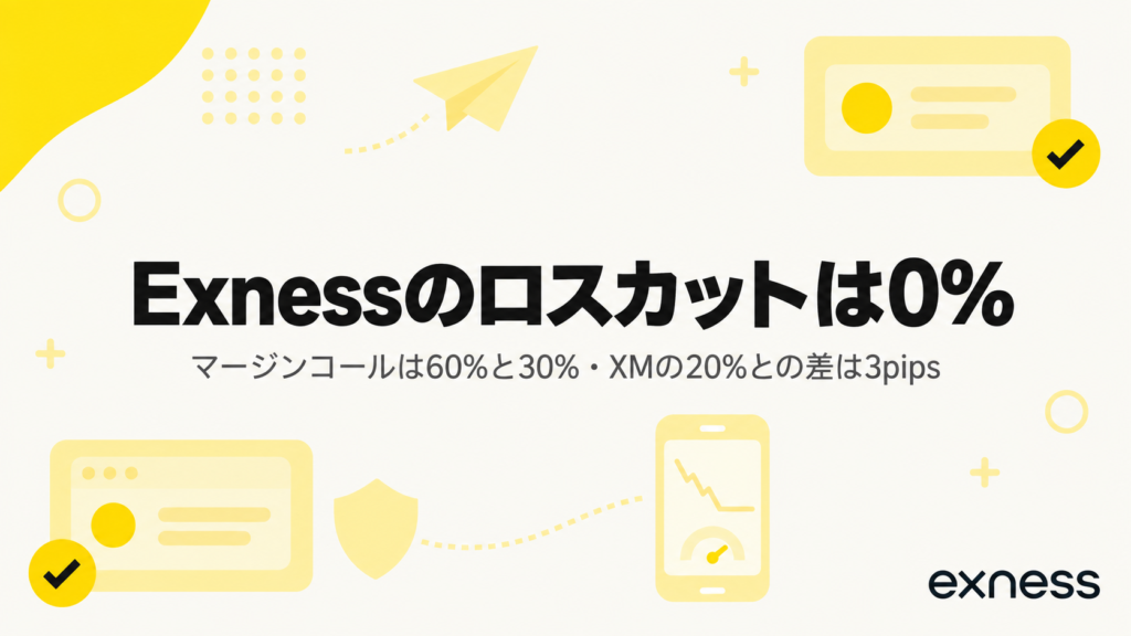 Exnessのロスカットは証拠金維持率0%。マージンコールは60%と30%、XMの20%との差は3pipsであることを示すアイキャッチ