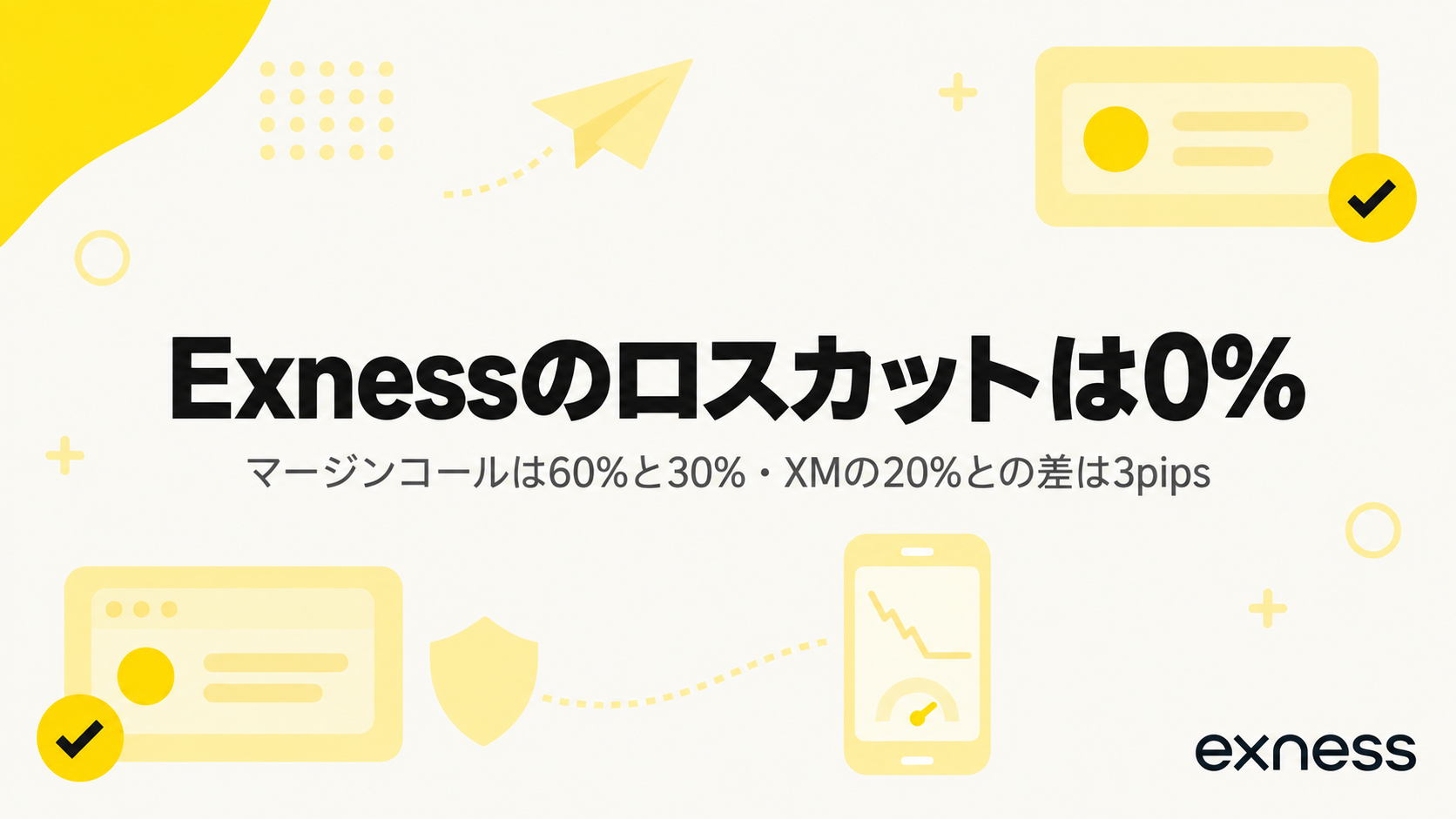 Exnessのロスカットは証拠金維持率0%。マージンコールは60%と30%、XMの20%との差は3pipsであることを示すアイキャッチ