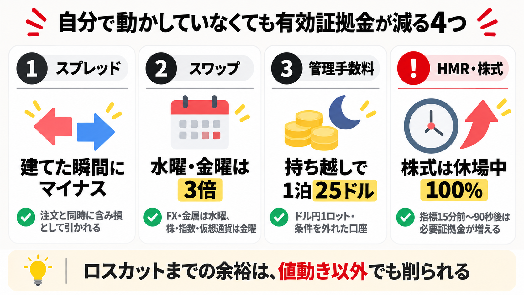 値動き以外で有効証拠金が減る4つの要因(スプレッド・3倍スワップ・持ち越し管理手数料・HMRと株式の100%)を示した図解