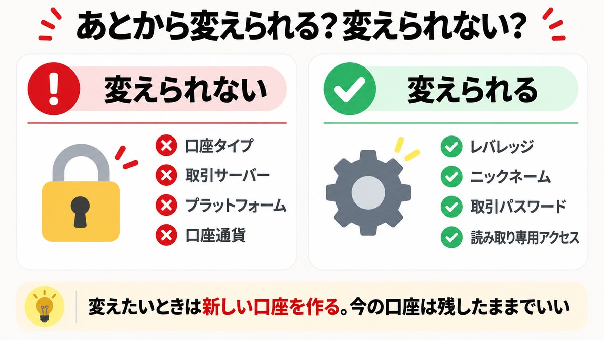 Exnessの口座設定であとから変えられる項目と変えられない項目の比較