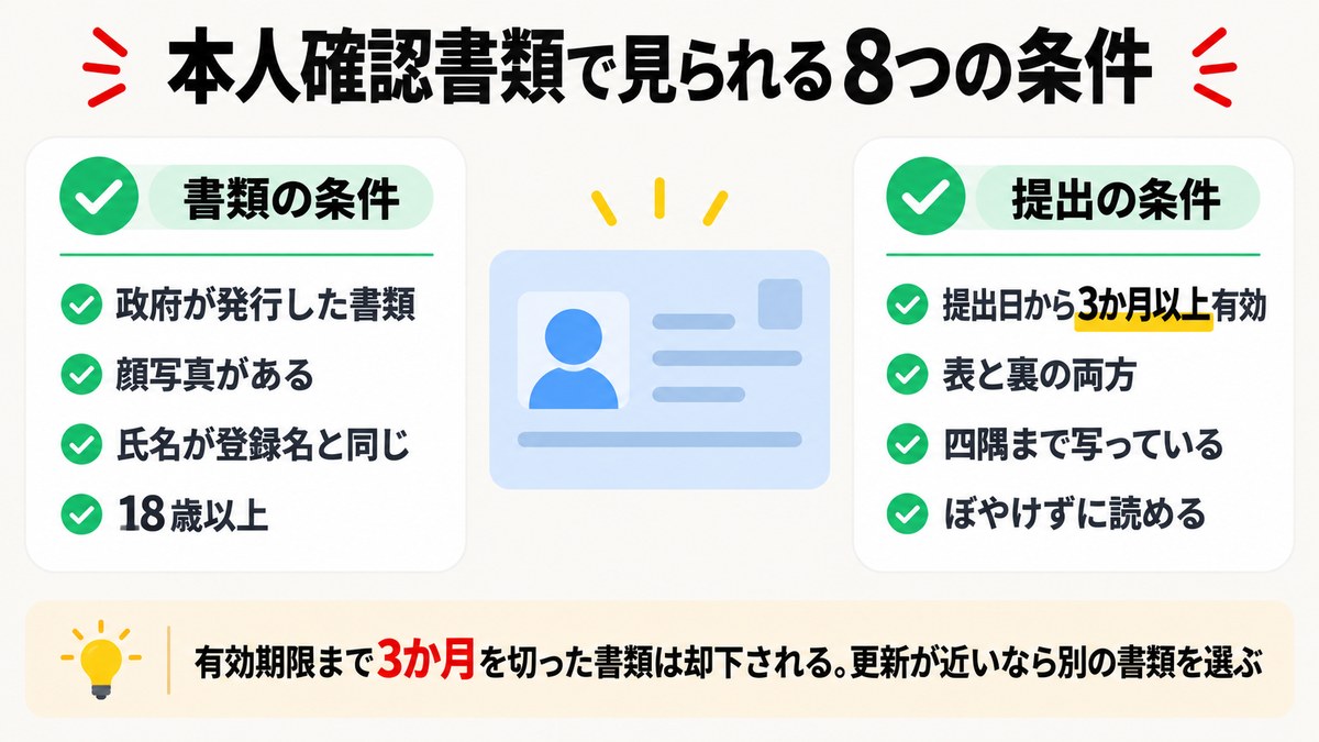 本人確認書類で見られる8つの条件の図解。政府発行・顔写真・登録名と同じ氏名・18歳以上、提出日から3か月以上有効・両面・四隅・鮮明
