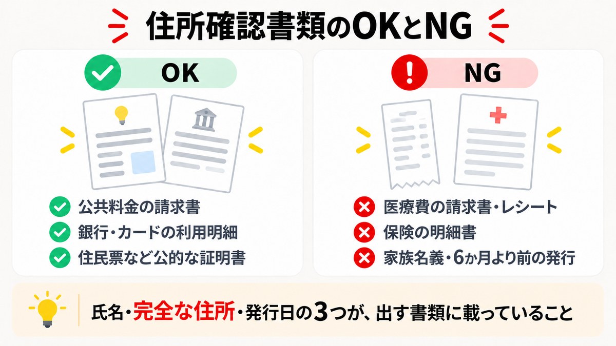 住所確認書類のOKとNGの図解。公共料金の請求書・銀行やカードの利用明細・住民票など公的な証明書はOK、医療費の請求書やレシート・保険の明細書・家族名義や発行から6か月を過ぎた書類はNG