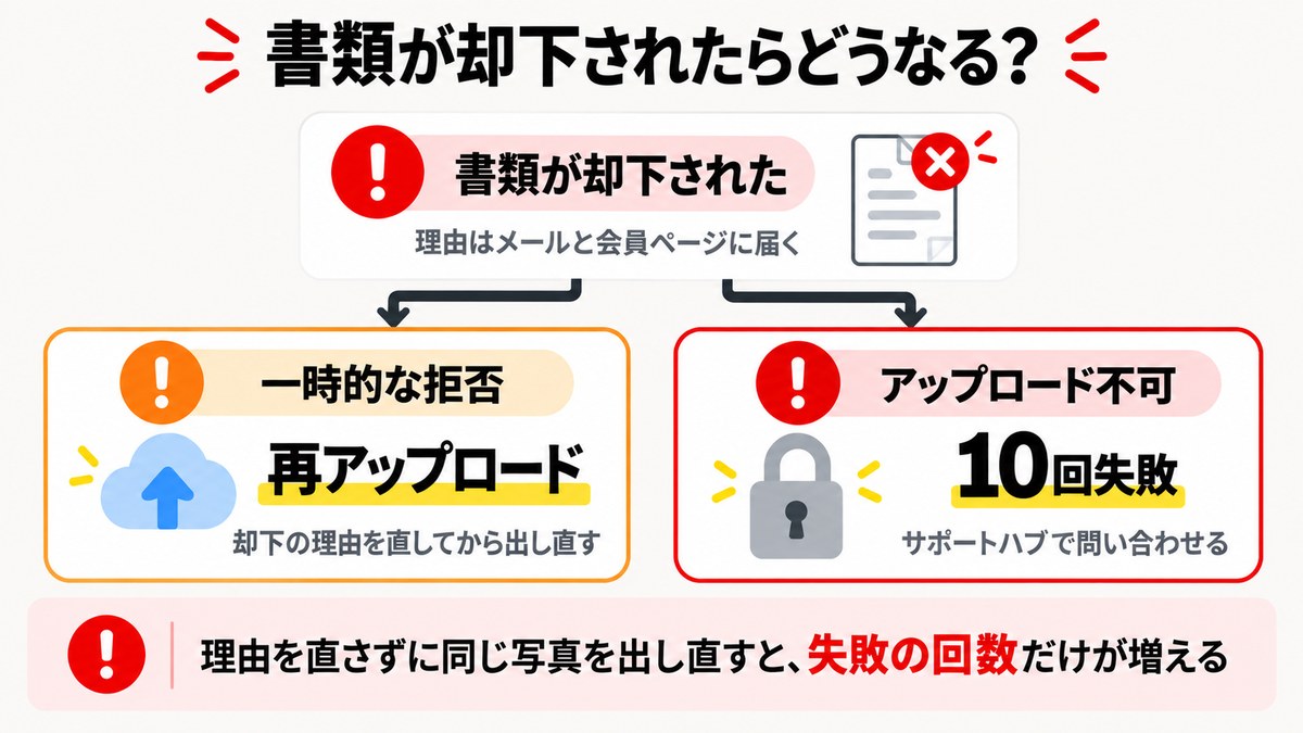 書類が却下されたときの分岐の図解。一時的な拒否は理由を直して再アップロード、10回失敗するとアップロード不可でサポートへ