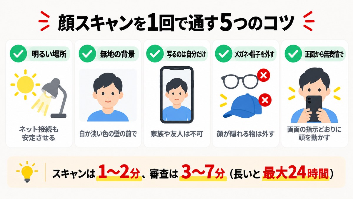 顔スキャンを1回で通す5つのコツの図解。明るい場所・無地の背景・写るのは自分だけ・メガネと帽子を外す・正面から無表情