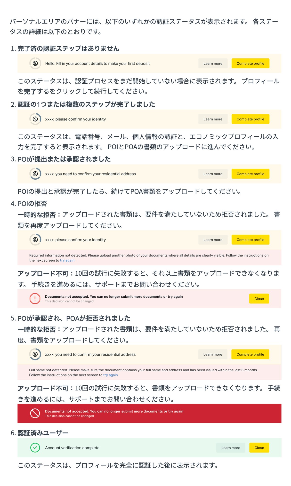 Exness公式ヘルプ「書類の認証ステータス」。会員ページのバナーに表示される6種類の認証ステータスと画像