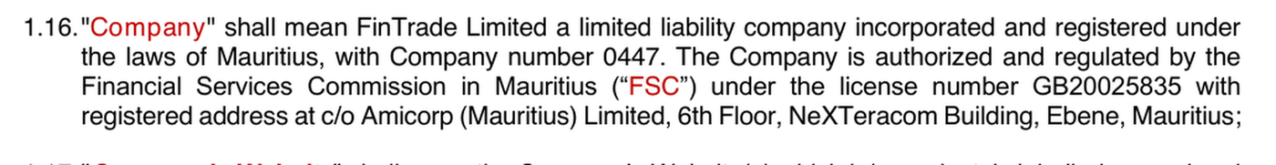 Fintrade版の顧客契約1.16条。会社はモーリシャスのFinTrade LimitedでFSCのライセンス番号GB20025835と規定