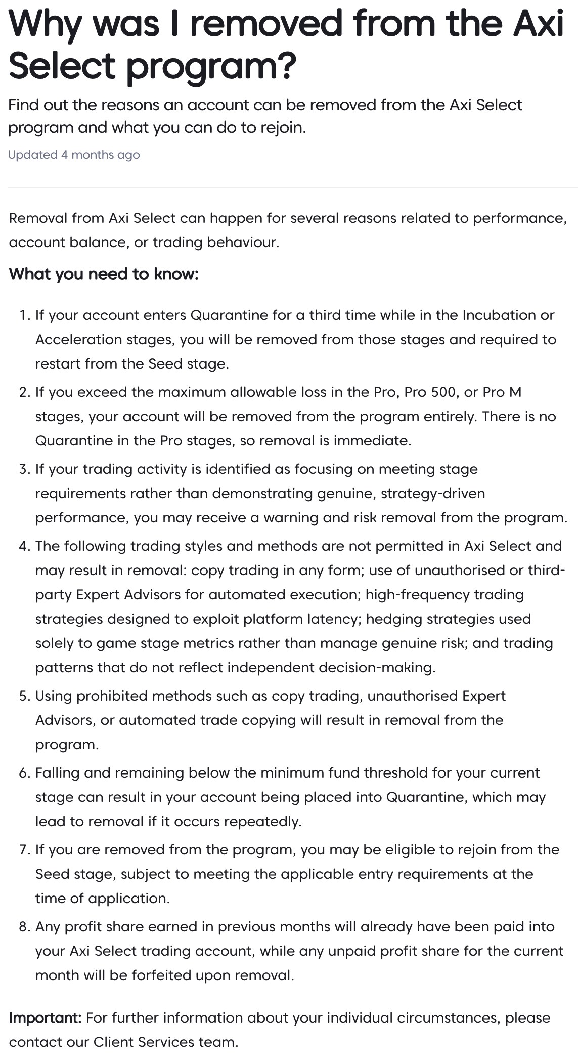 Axi公式ヘルプ「Why was I removed from the Axi Select program?」の英語版原文（除名対象の5手法）