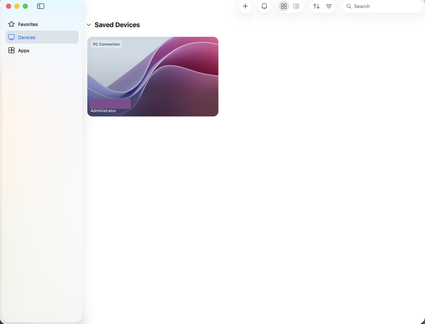 MacのWindows App(旧Microsoft Remote Desktop)のデバイス一覧画面。右上の+ボタンからPCを追加してVPSに接続する