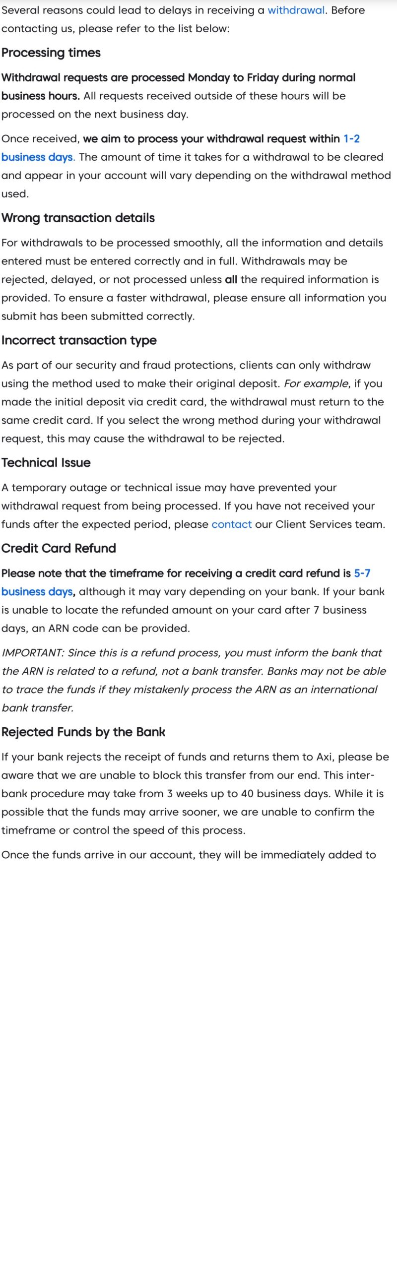 Axi英語版ヘルプ「Why have I not received my withdrawal?」のCredit Card Refundとrejected fundsの節