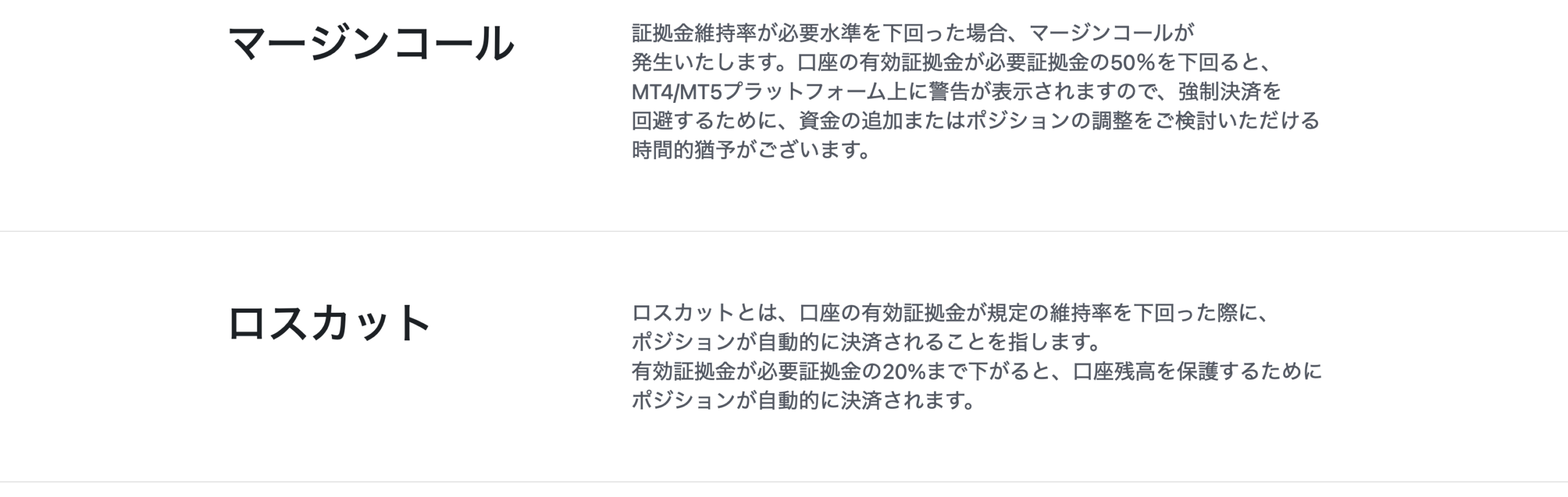 XM公式サイトのマージンコール50%とロスカット20%の記載