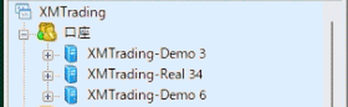 MT4のナビゲーターウィンドウ。1つの端末にXMTrading-Demo 3・XMTrading-Real 34・XMTrading-Demo 6の3つの異なるサーバーの口座が並んでいる