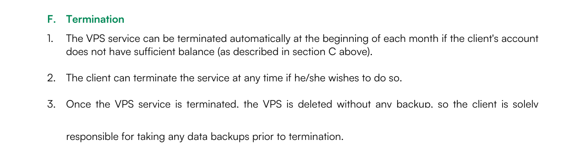 XMTrading VPSサービス利用規約F.1〜F.3。月初の残高不足で自動終了、顧客はいつでも終了可、終了後のVPSはバックアップなしで削除される