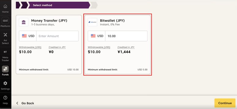 Axiポータルの出金方法選択画面。Money TransferがUSD 10.00、BitwalletがUSD 5.00の最低出金額