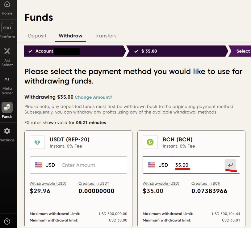 Axiポータルの暗号資産出金画面。最低出金額USD 30.00と、それを下回る出金可能額USD 29.96が並んでいる