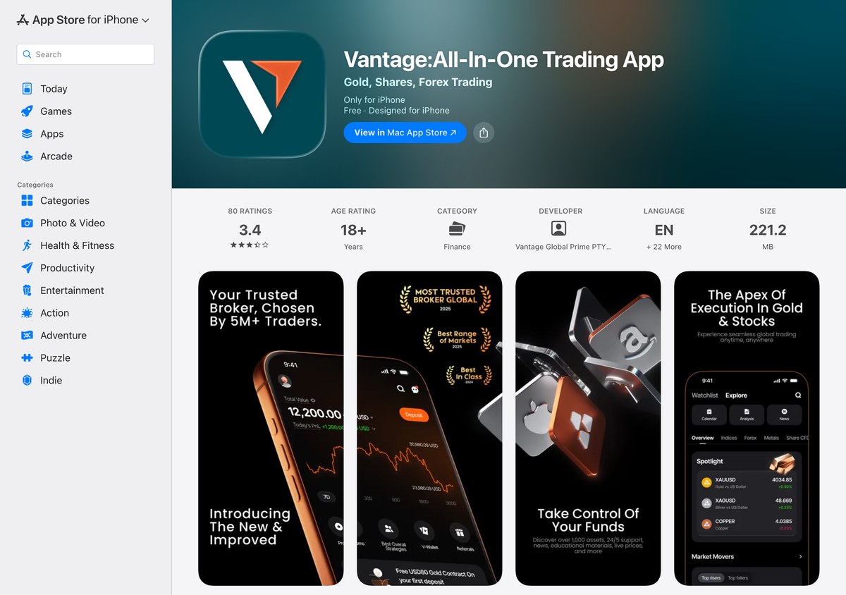 アメリカのApp StoreにあるVantage:All-In-One Trading Appのページ