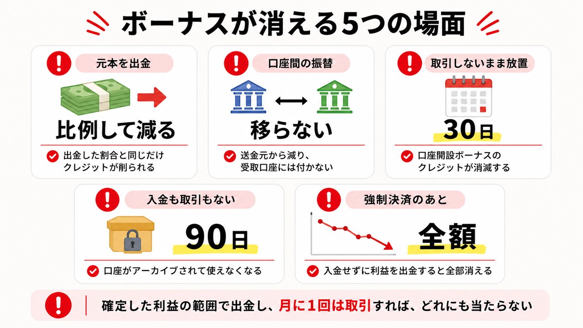 Vantageのボーナスが消える5つの場面(元本の出金・口座間の振替・30日・90日・強制決済後)をまとめた図解