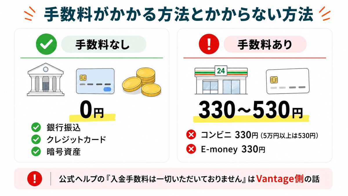 Vantageで手数料がかからない銀行振込・カード・暗号資産と、330〜530円かかるコンビニ・E-moneyを比較した図解