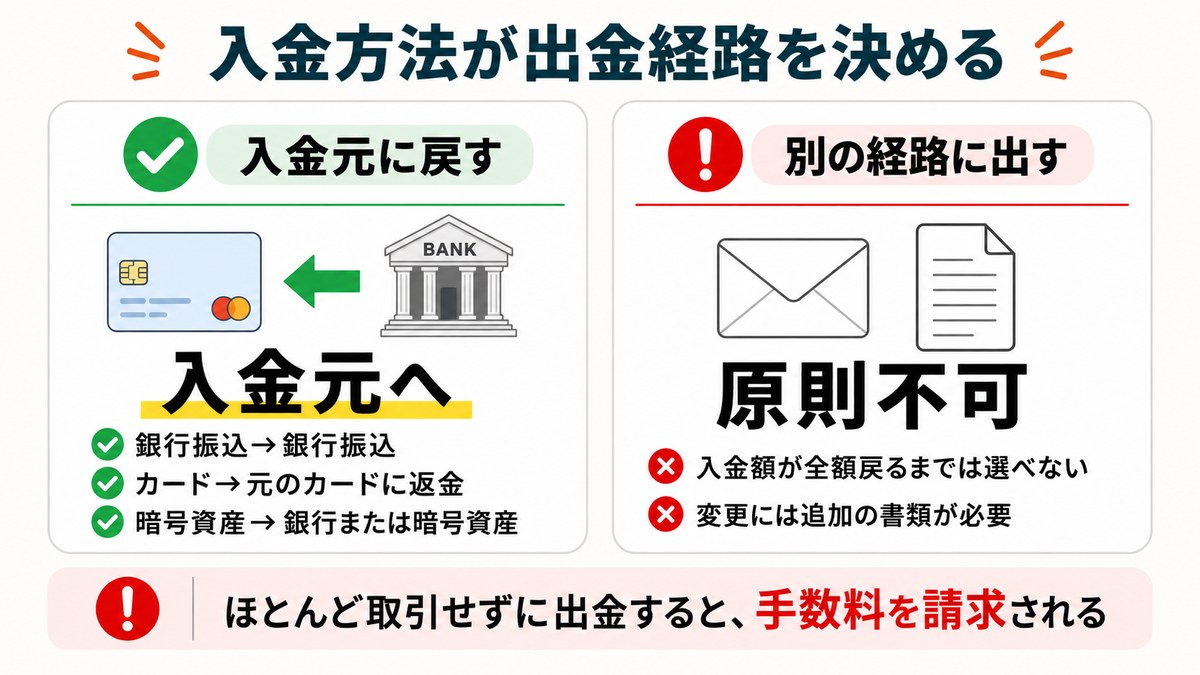 Vantageは入金元へ返金するのが原則で、別の経路への出金は原則できないことを比較した図解