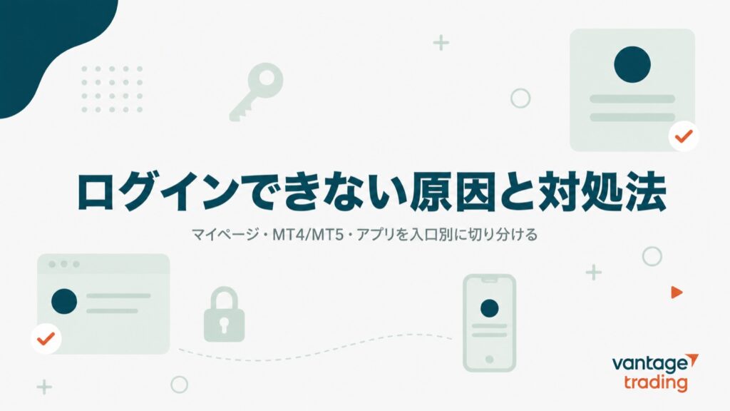 Vantageにログインできない原因と対処法のアイキャッチ。マイページ・MT4/MT5・アプリを入口別に切り分ける