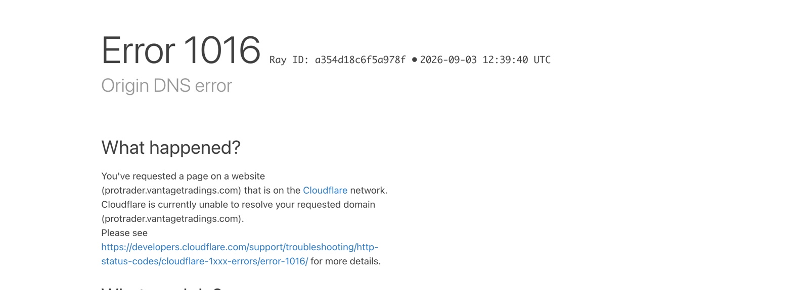 VantageのProTraderのサイトにアクセスするとCloudflareのError 1016が表示される画面