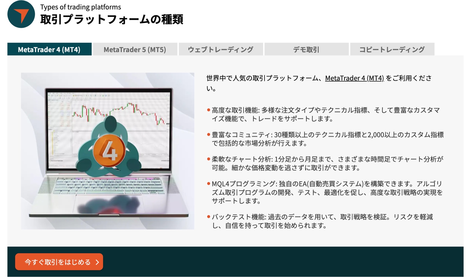 Vantage公式サイトの取引プラットフォームページ。掲載は5種類でモバイルアプリの節がない