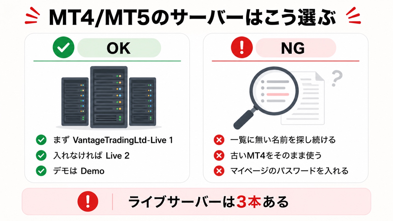 VantageのMT4/MT5でサーバー名を選ぶときの正しい選び方と間違いを比較した図解