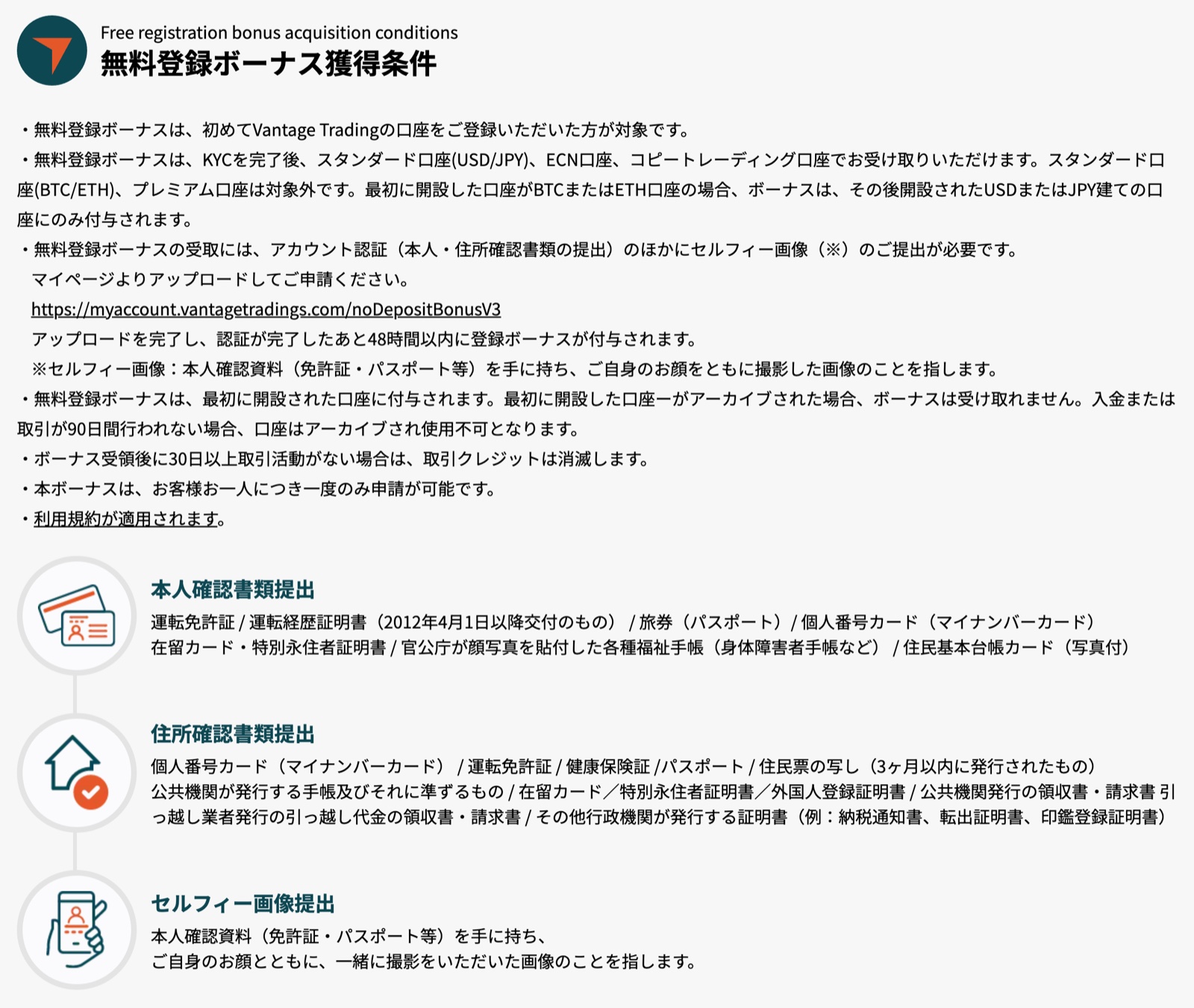 Vantage公式サイトの無料登録ボーナス獲得条件。セルフィー画像の申請先URLと48時間以内の付与、90日でアーカイブ、30日で消滅の記載