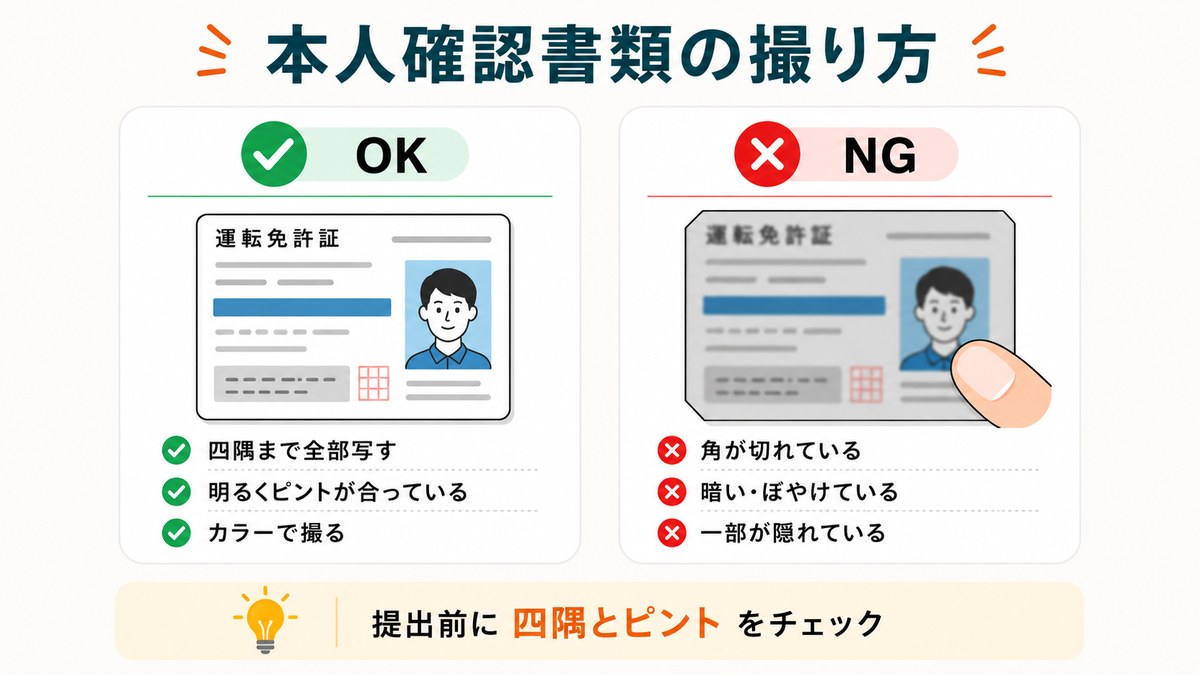 Vantageに提出する本人確認書類の撮り方。四隅まで写す・明るくピントが合っている・カラーで撮るのがOK例