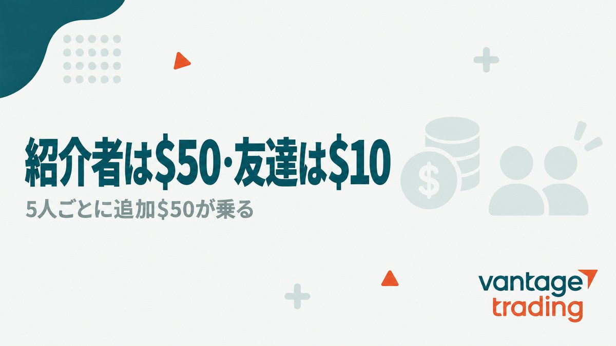 Vantageの紹介報酬が紹介者50ドル・友達10ドルであることを示す見出し画像