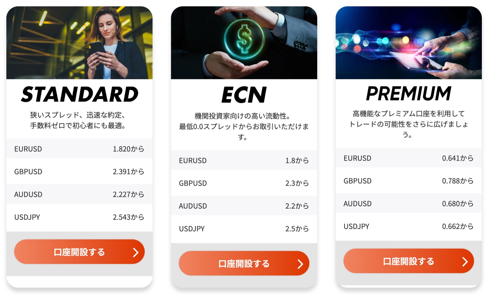 Vantage公式サイトのスプレッド一覧。スタンダード口座のドル円が2.543pipsからと表示されている