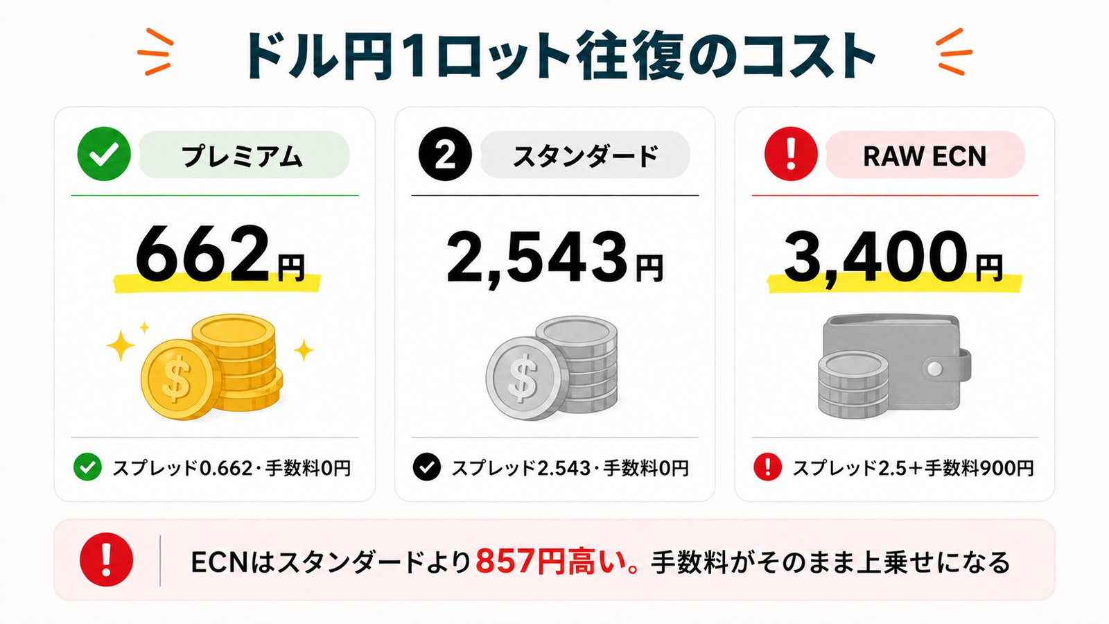 Vantageのドル円1ロット往復コスト比較。プレミアム662円・スタンダード2,543円・RAW ECN 3,400円